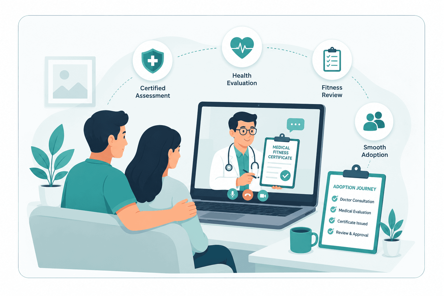 Adoptive parents attending an online medical fitness certificate consultation